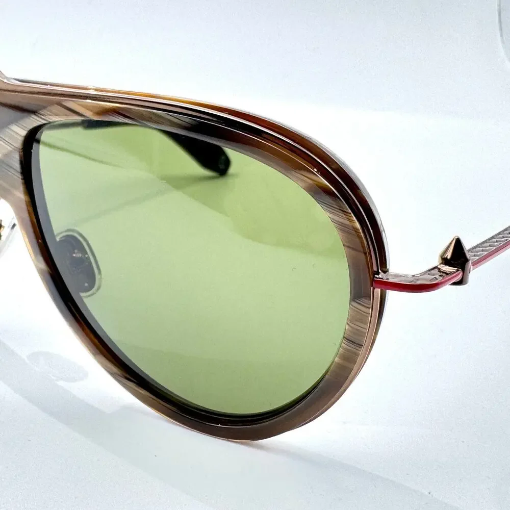 Louboutin Sunglasses Greggo LB0004 62N Brown Horn Aviator Frame Green Lens 61mm